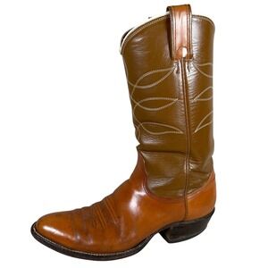 Vintage Nocona Tan Brown‎ Leather Cowboy Boots Mens Western round toe narrow